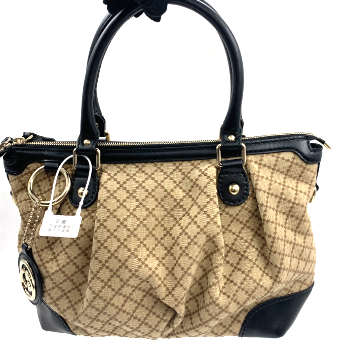 95新古驰gucci经典格子帆布配皮手提包