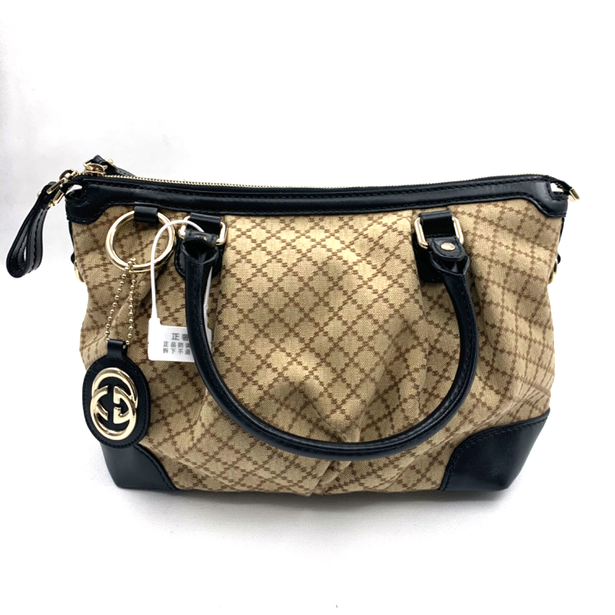 95新古驰gucci经典格子帆布配皮手提包