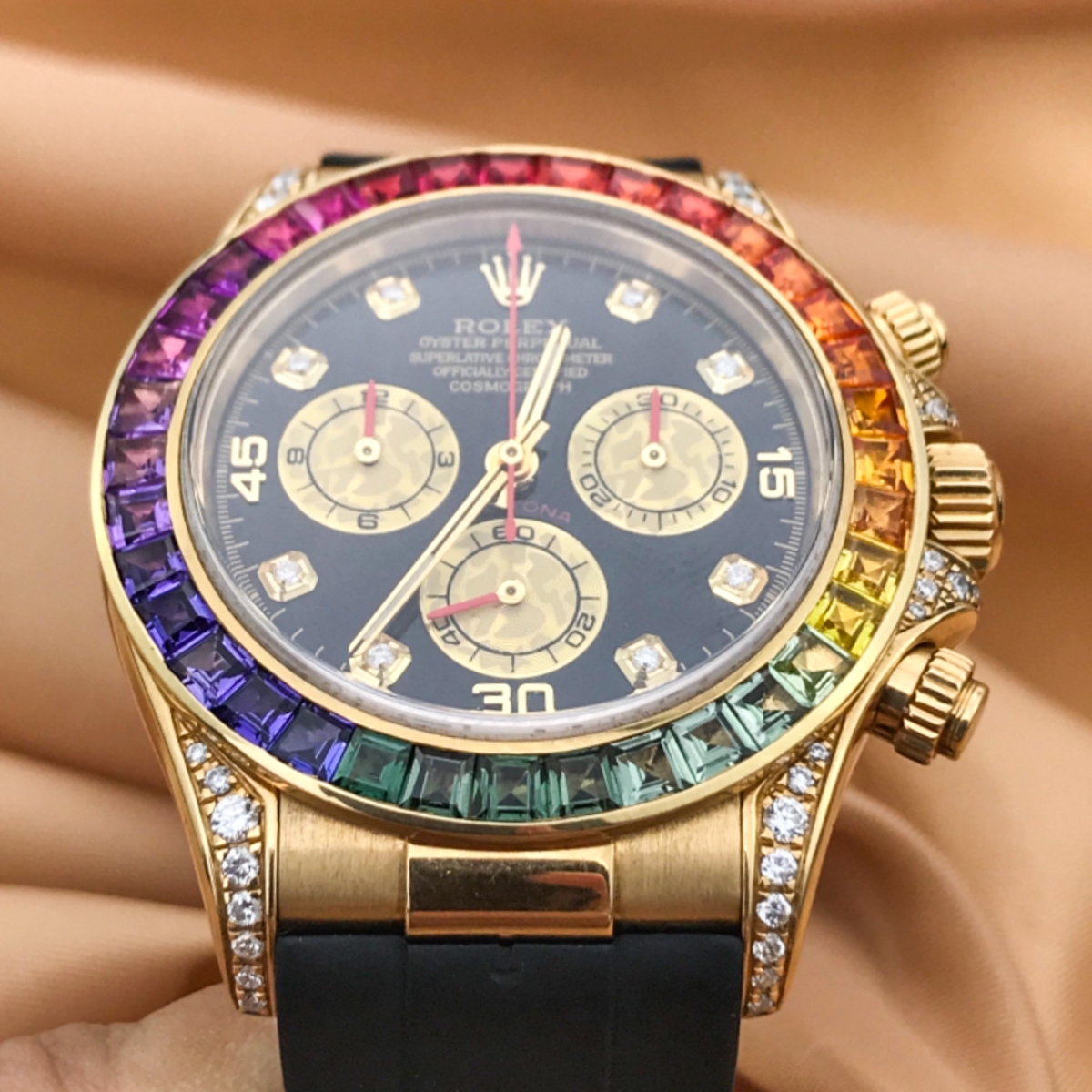劳力士迪通拿116518后加彩虹钻18k黄金95新单表