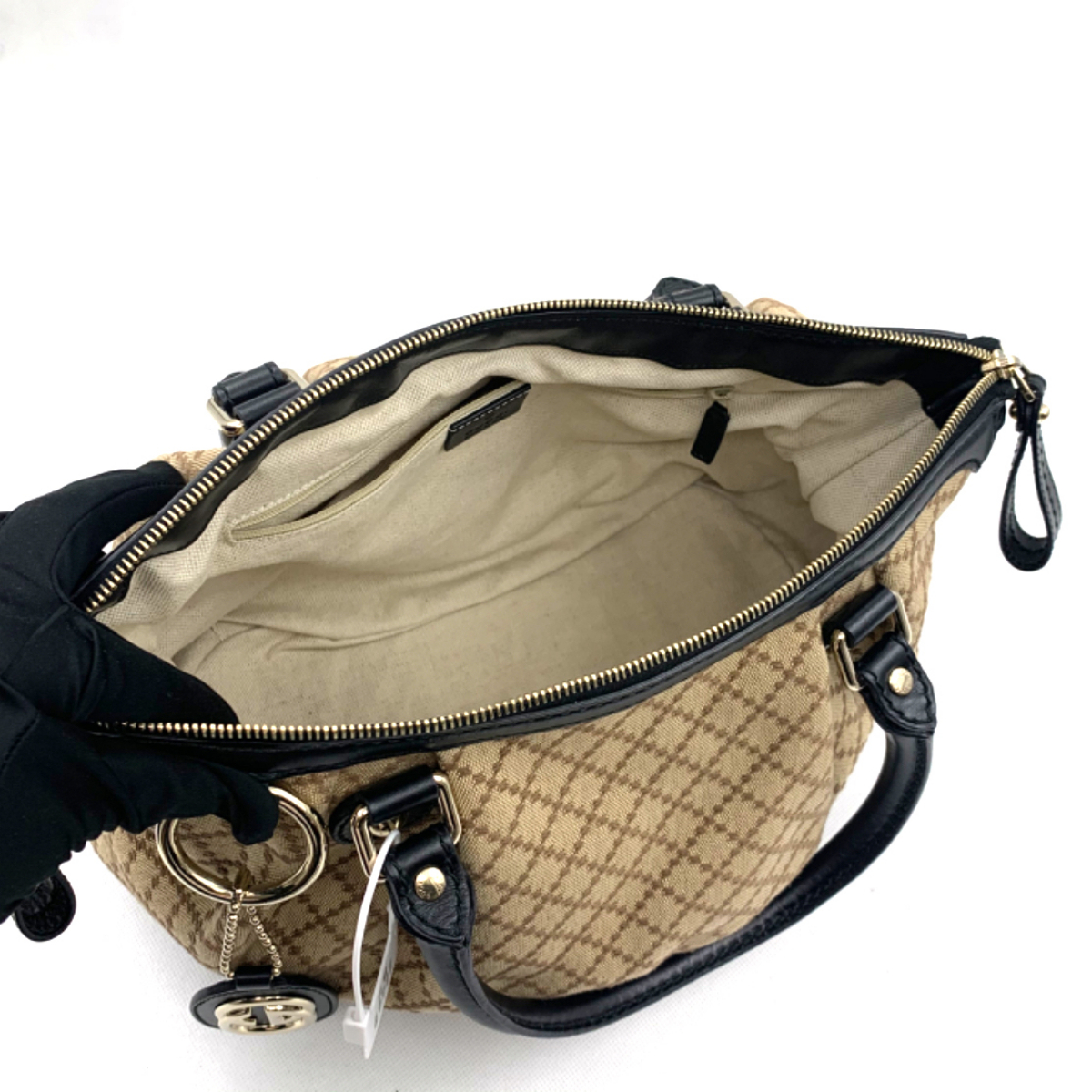 95新古驰gucci经典格子帆布配皮手提包