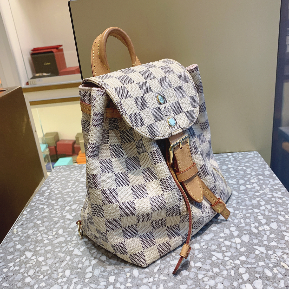 90新lv路易威登灰白棋盘格双肩包