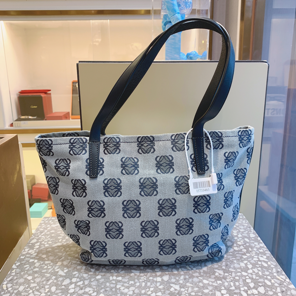 全新未使用leowe罗意威蓝色老花logo网格帆布购物袋