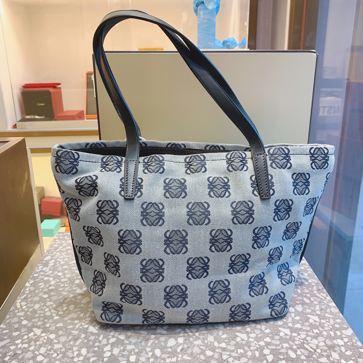 全新未使用leowe罗意威蓝色老花logo网格帆布购物袋