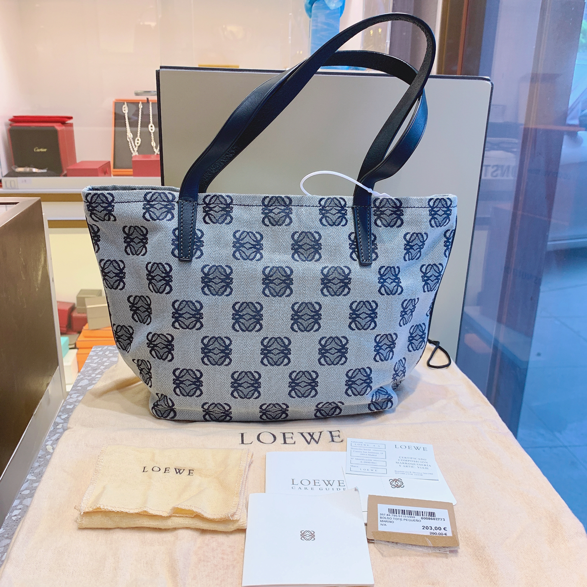 全新未使用leowe罗意威蓝色老花logo网格帆布购物袋