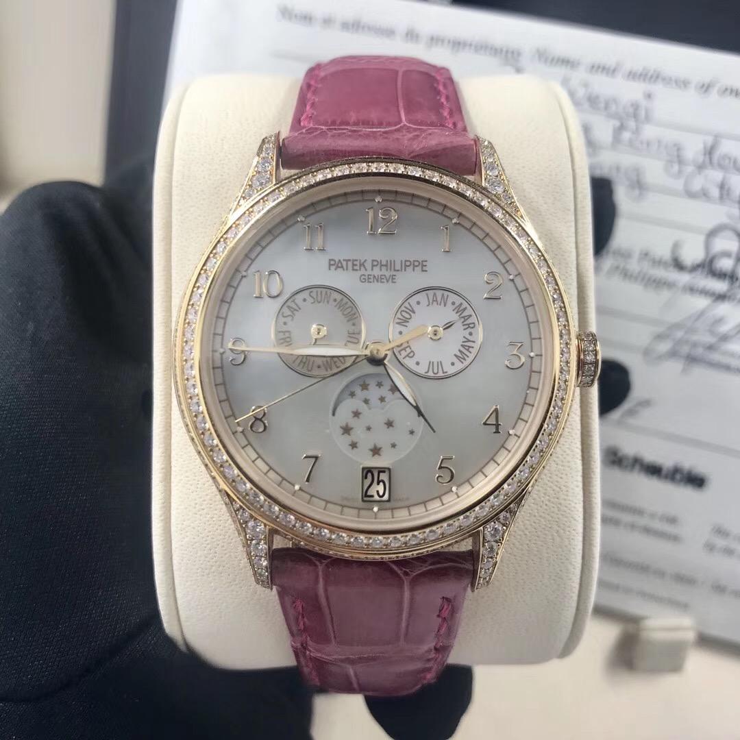 pp百达翡丽4948r玫瑰金自动机械女表贝母盘面月相18k玫瑰金外圈满钻原