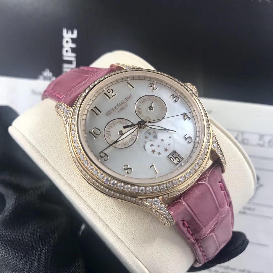 pp百达翡丽4948r玫瑰金自动机械女表贝母盘面月相18k玫瑰金外圈满钻原